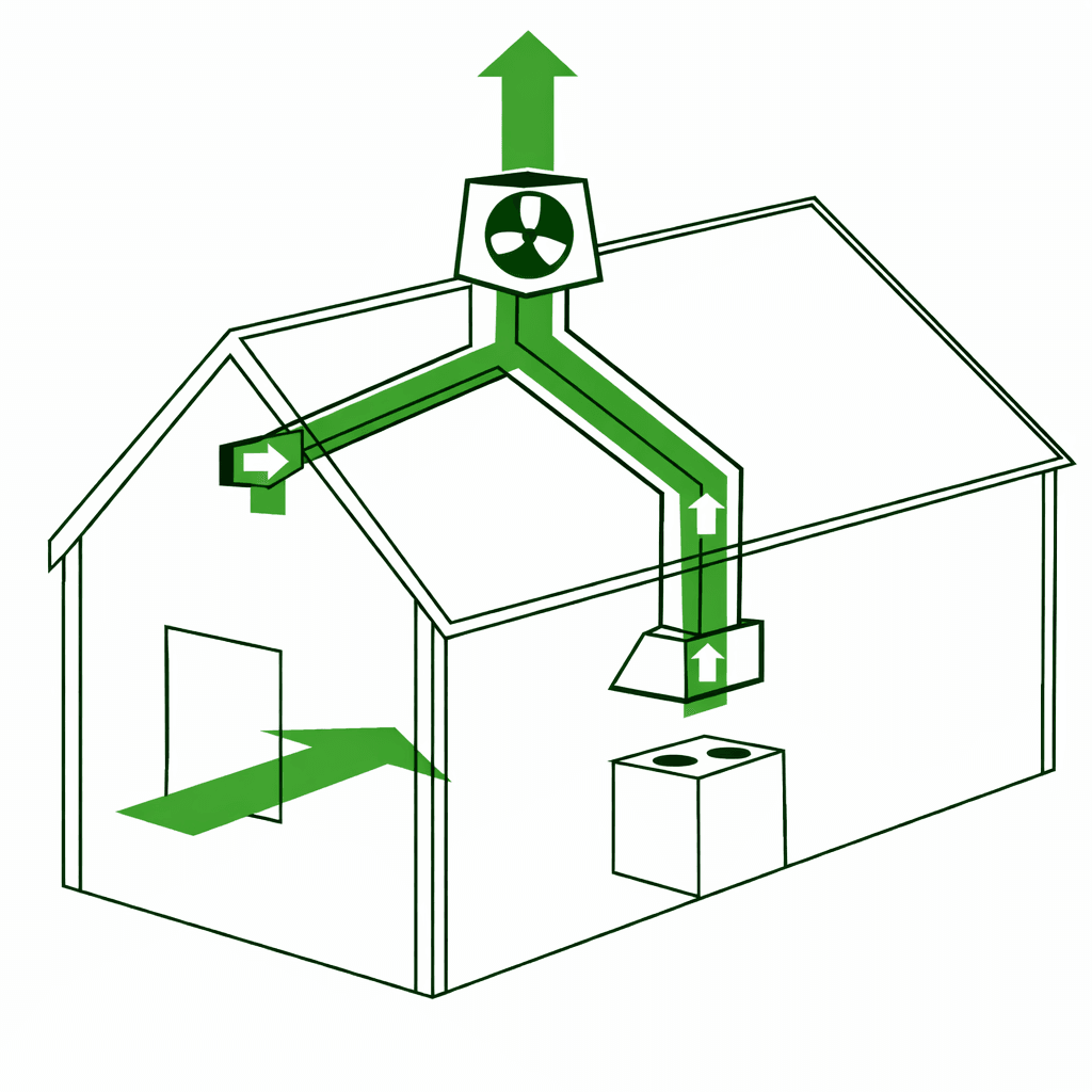 Illustration av centralt frånluftssystem – gemensam takfläkt med kanaler till flera utrymmen