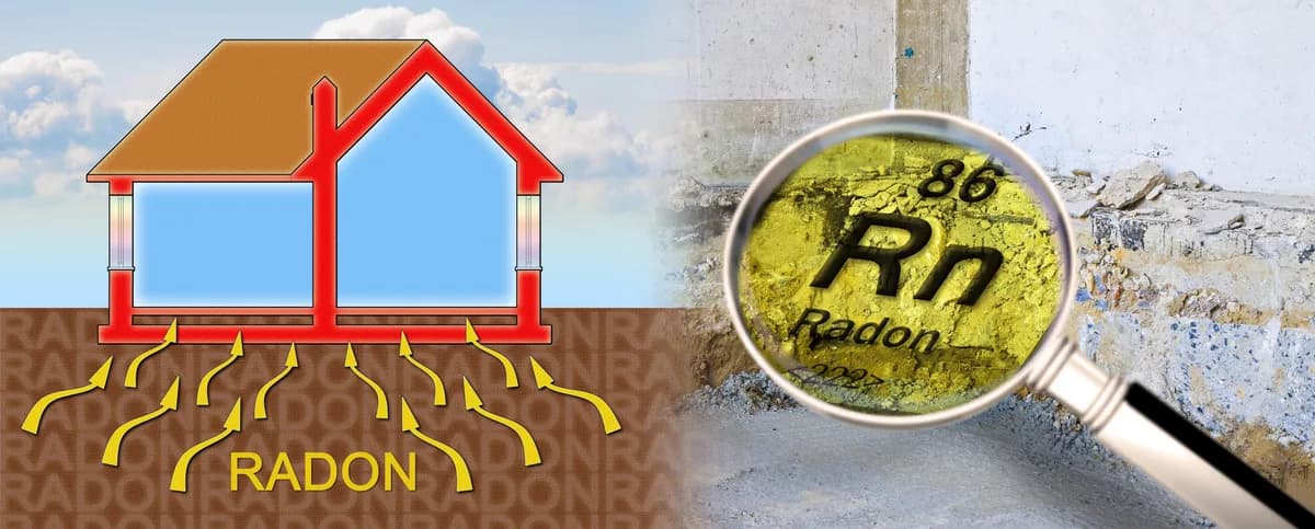 Radongas (Rn, atomnummer 86) tränger upp från marken in i en husgrund – radon är en osynlig radioaktiv gas som kräver sanering när halterna överstiger 200 Bq/m³
