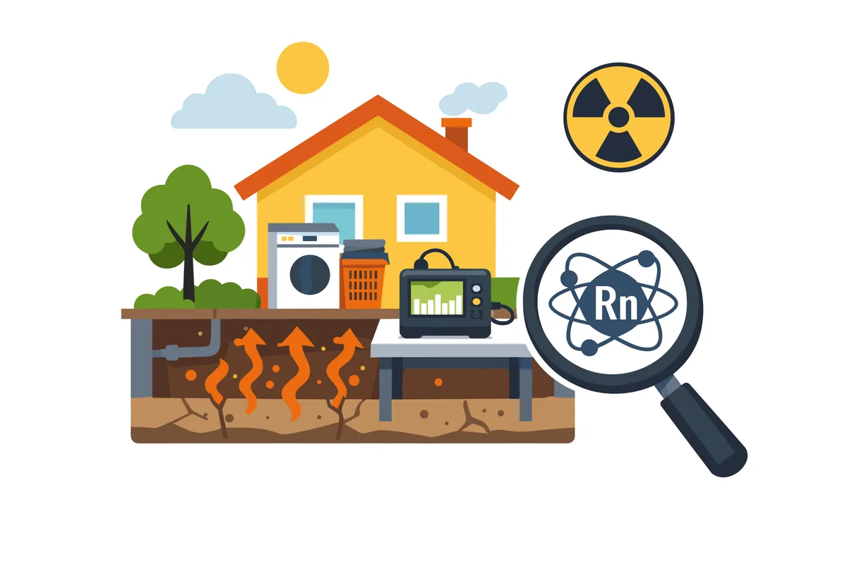 Illustration av radonmätning i villa – radongas (Rn) tränger upp från marken in i huset medan en radonmätare registrerar halterna, med strålningssymbol och förstoringsglas som visar radonatomen